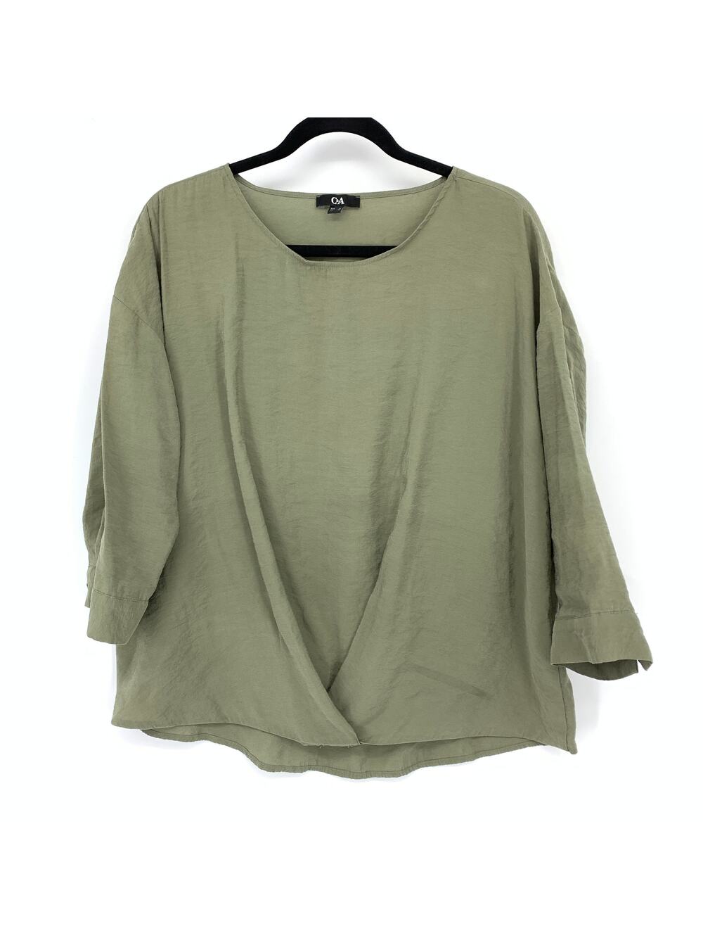 C&A 3/4 Sleeve Blouse Womens Size 38 US Medium Green Draped Pinched Front